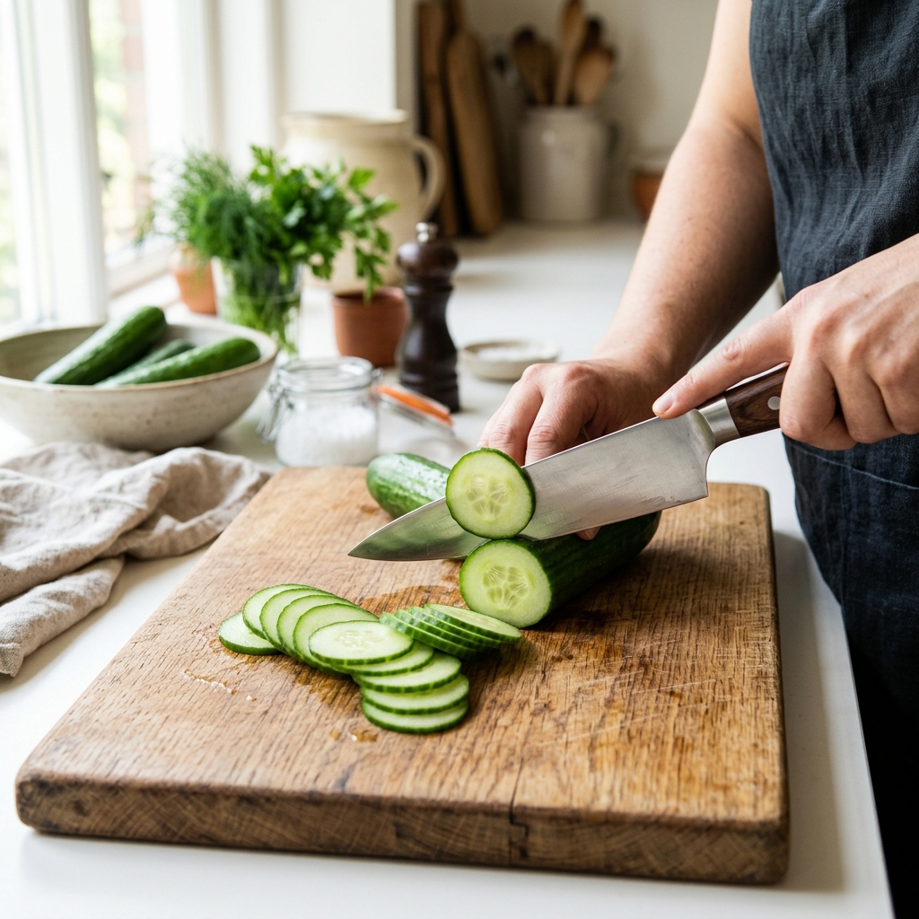 Slicing fresh green cucumber on a wooden cutting board