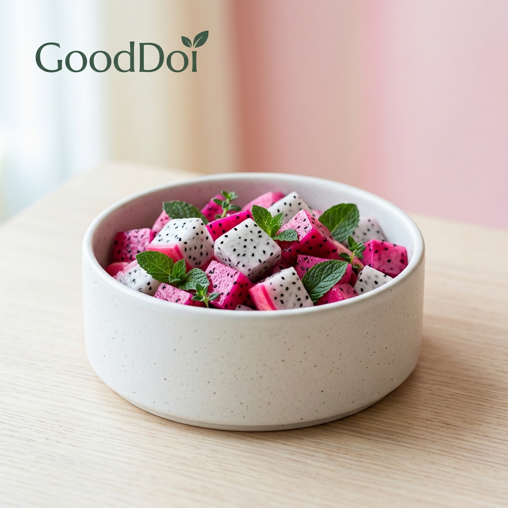 Fresh red and white dragon fruit slices artfully arranged in a modern pet food bowl