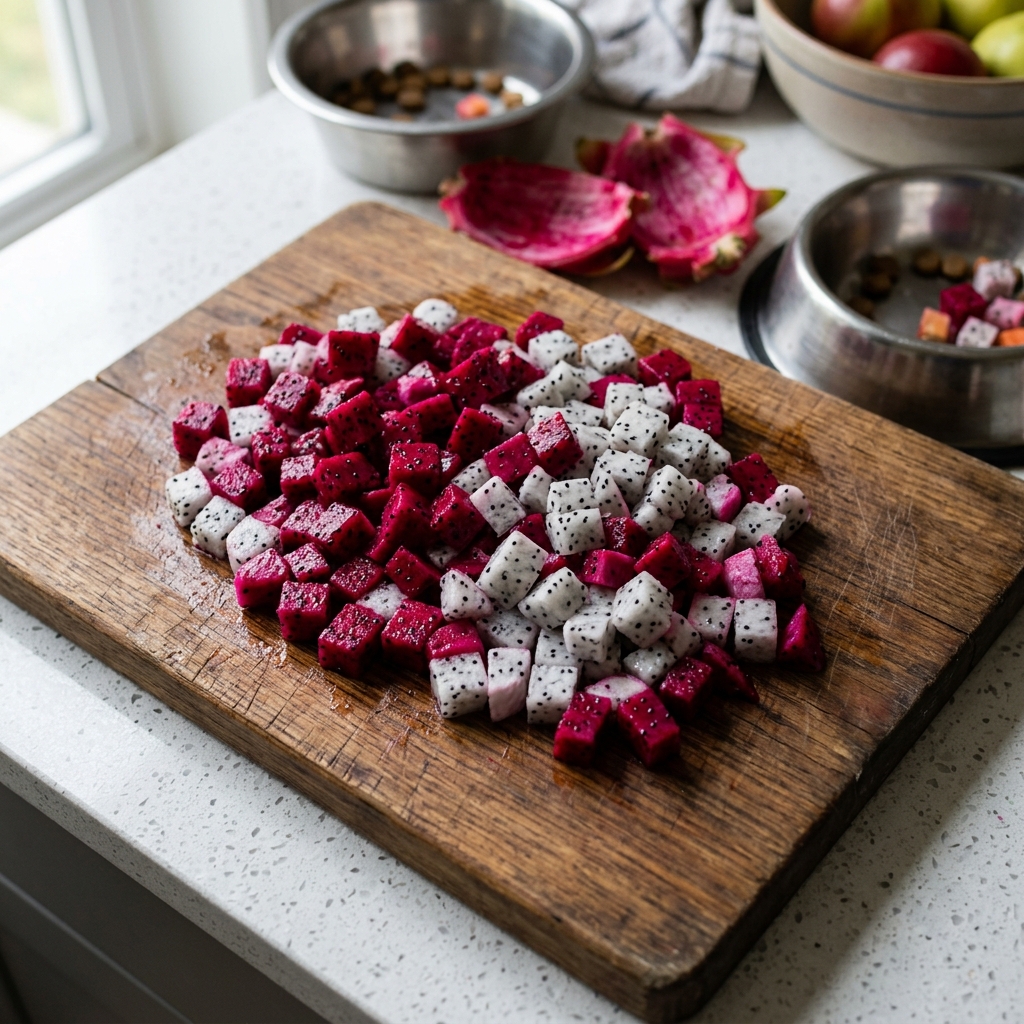 Slicing fresh dragon fruit and dicing white and red flesh on a rustic cutting board