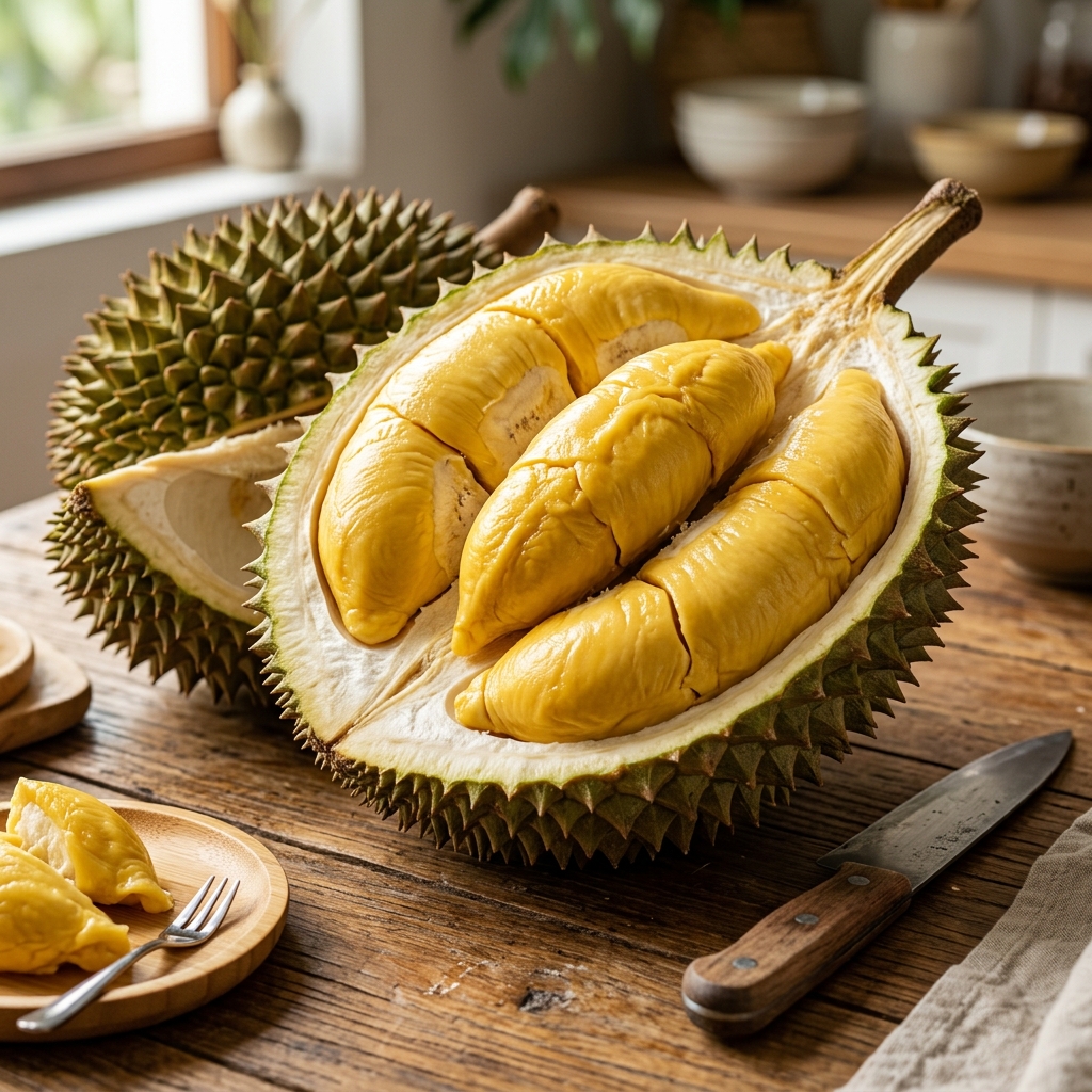 Premium high-resolution photograph of a freshly sliced ripe durian showing sweet golden pulp segments on a rustic wooden table