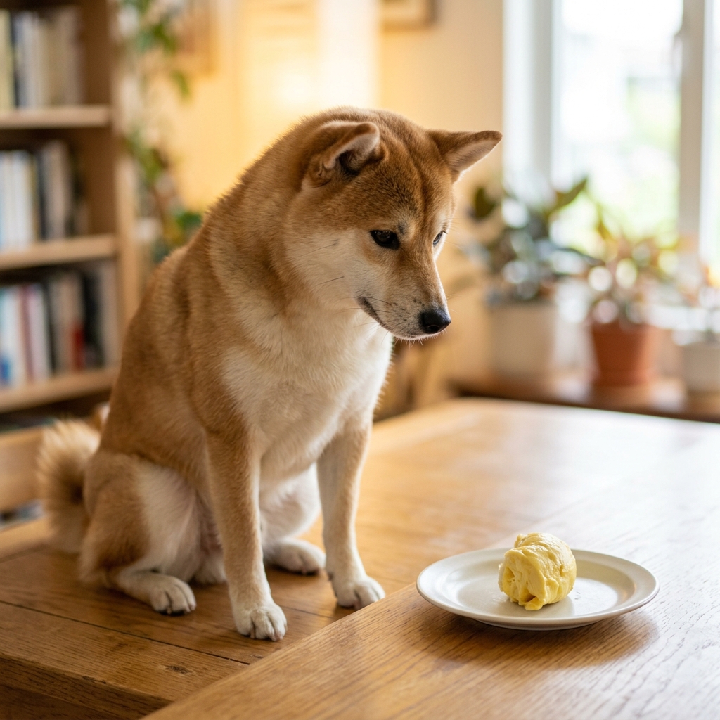 A cute dog sitting politely and looking at a tiny bite-sized piece of durian on a white plate