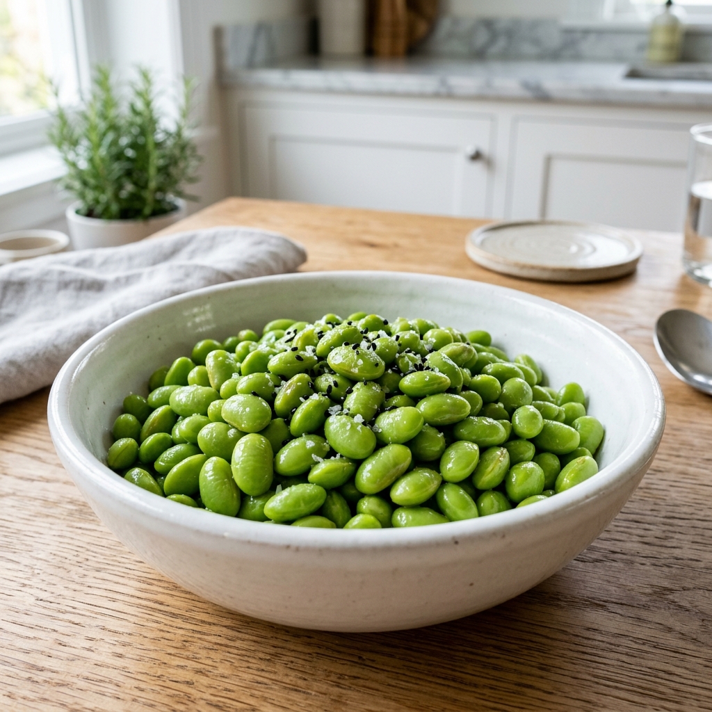 Fresh shelled organic edamame green beans prepared safely for dogs