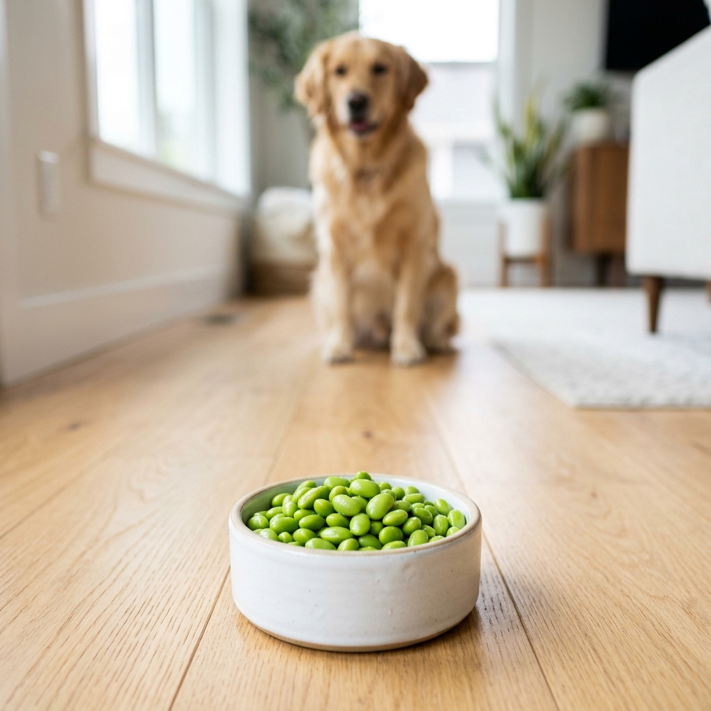 Shelled green edamame beans in a small bowl with a dog in the background