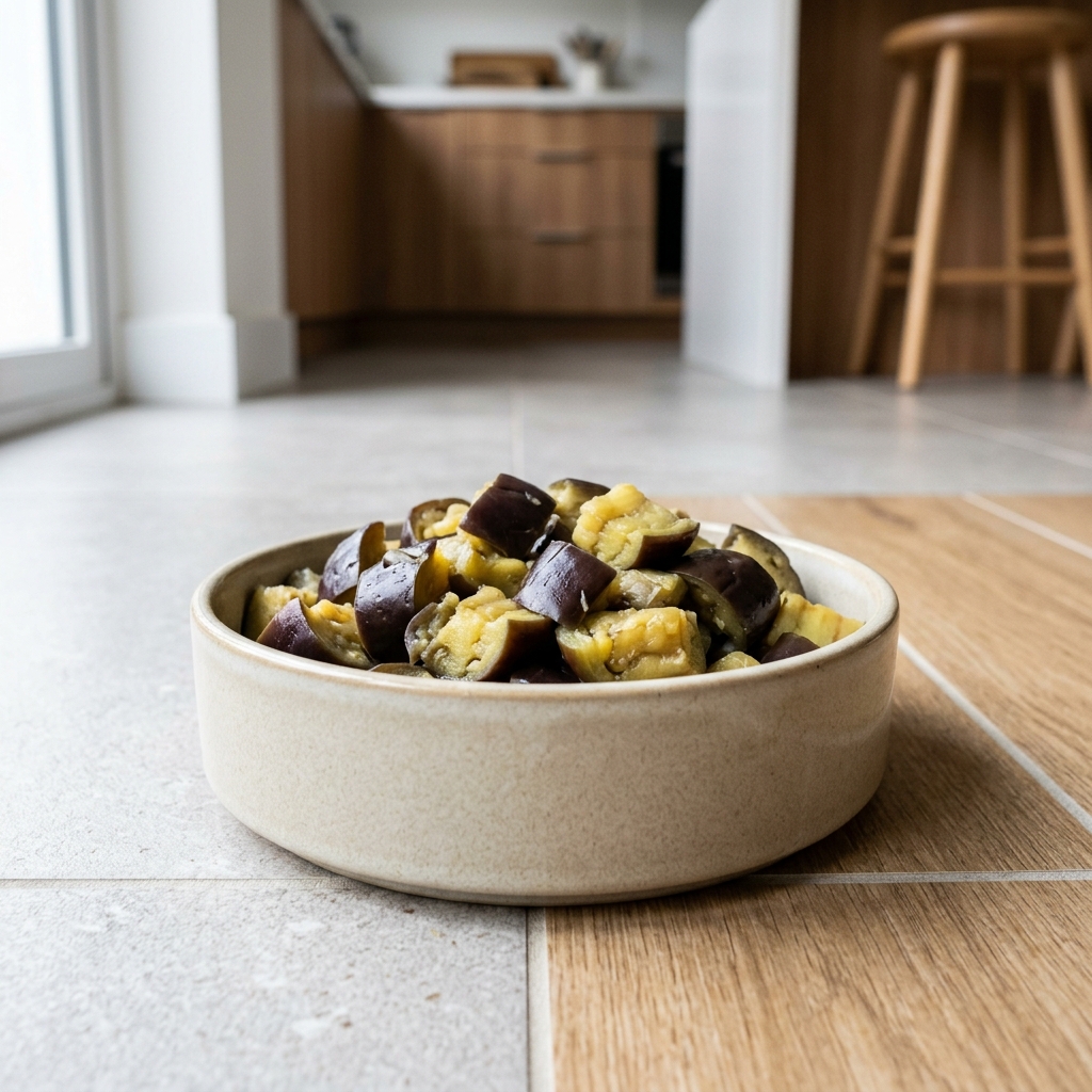 Steamed plain chopped eggplant in a clean pet bowl