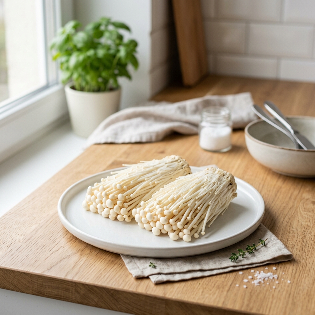 Fresh raw enoki mushrooms arranged neatly on a modern white plate