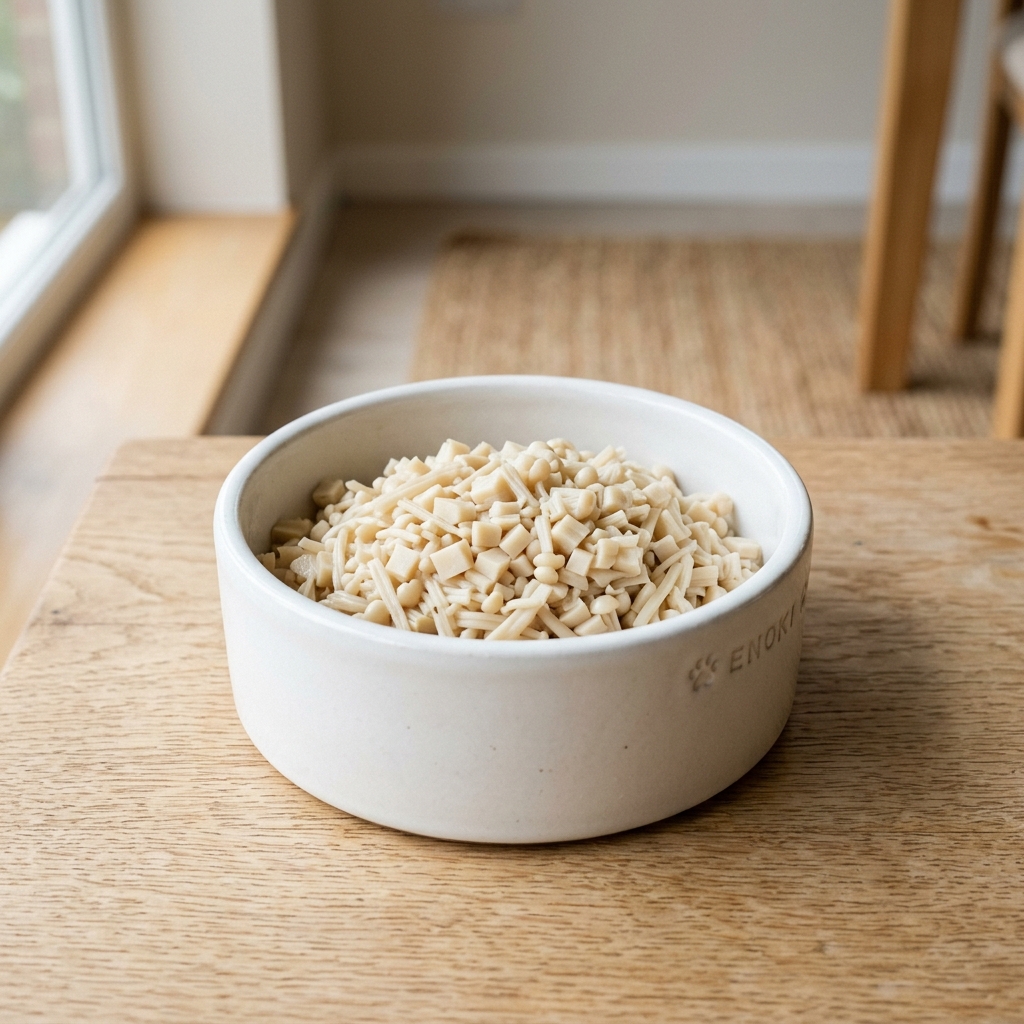 Cooked enoki mushrooms cut into very small pieces in a pet food bowl