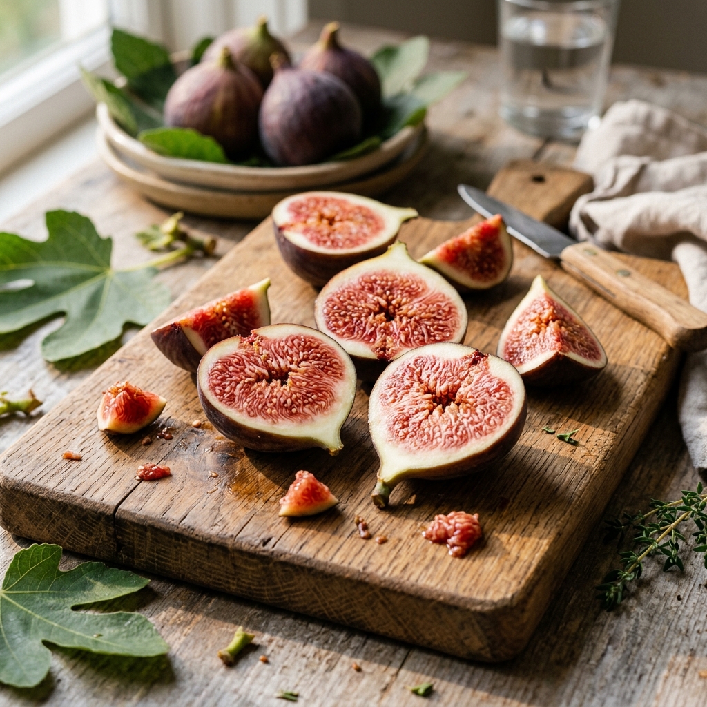 Premium high-resolution photograph of several freshly sliced ripe figs showing rich pinkish-red interior pulp and seeds on a rustic wooden table