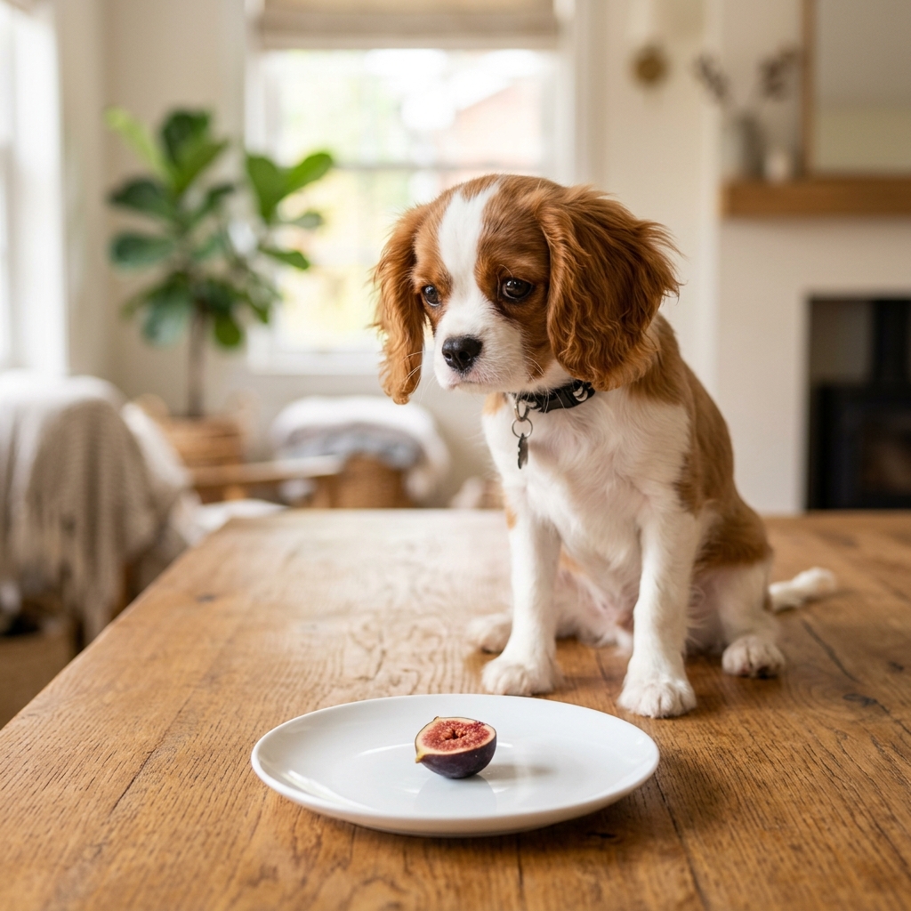 A cute small dog looking curiously at a plate with a tiny single bite-sized piece of fresh ripe fig fruit on a table