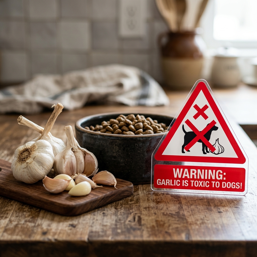 Garlic bulbs and cloves with a red warning cross sign next to a dog bowl