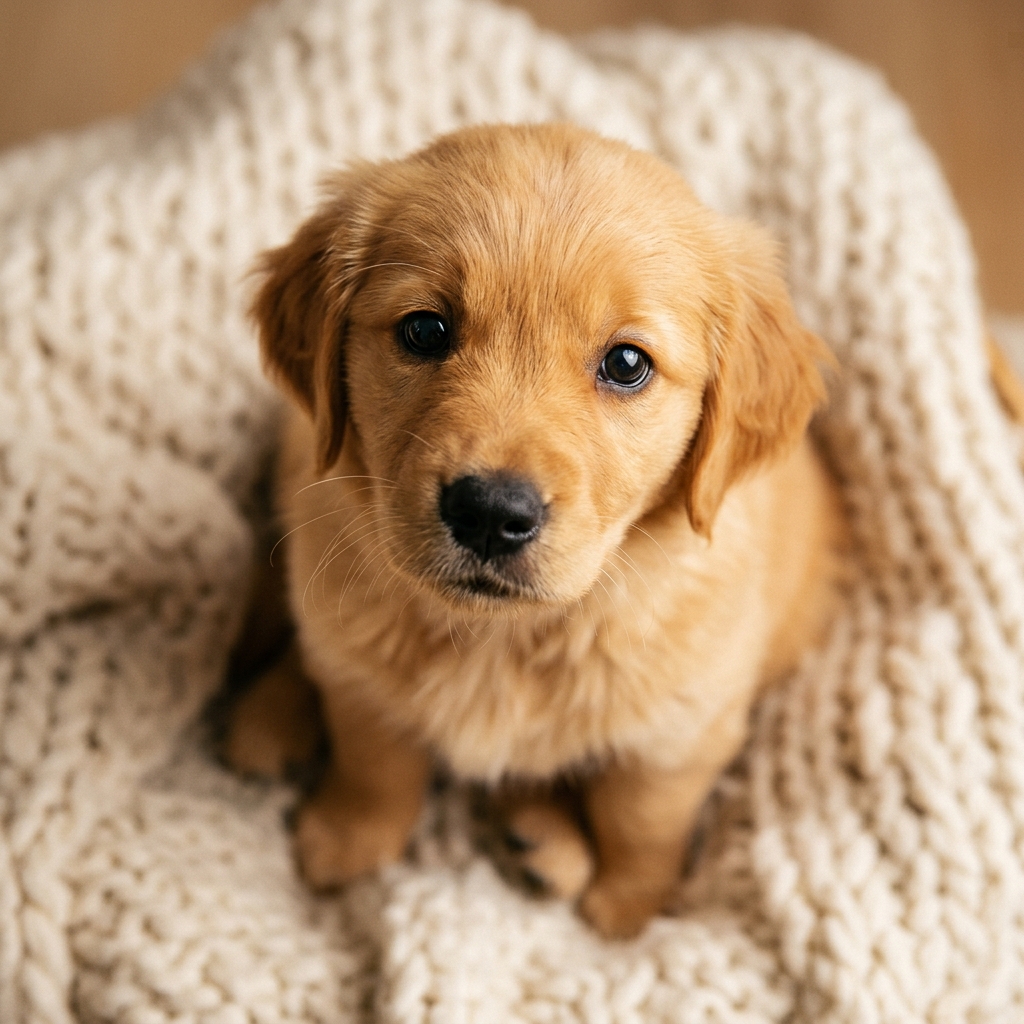 在舒服的毯子與安靜新家環境下放鬆閉眼休息的黃金獵犬幼犬照片