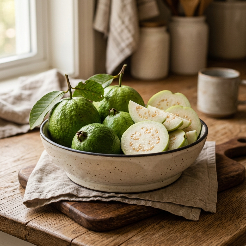 Fresh organic guava slices with green skin and pale white flesh artfully arranged on a beautiful modern pet food bowl with warm lighting