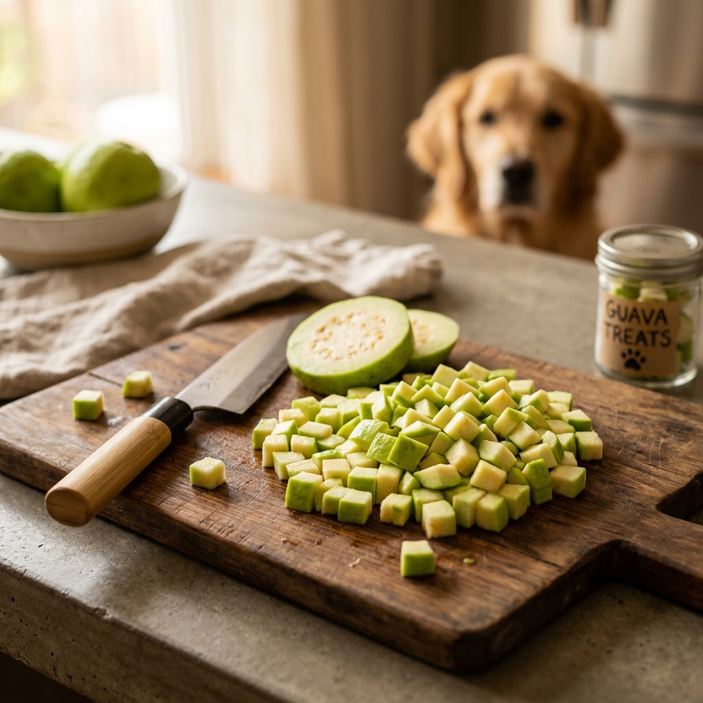 Slicing a fresh green guava on a cutting board, scooping out the seeds to make safe treats for a dog