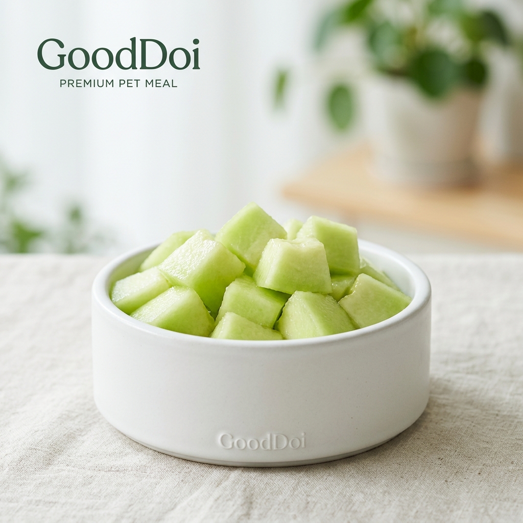 Fresh sweet green honeydew melon slices in a modern pet food bowl