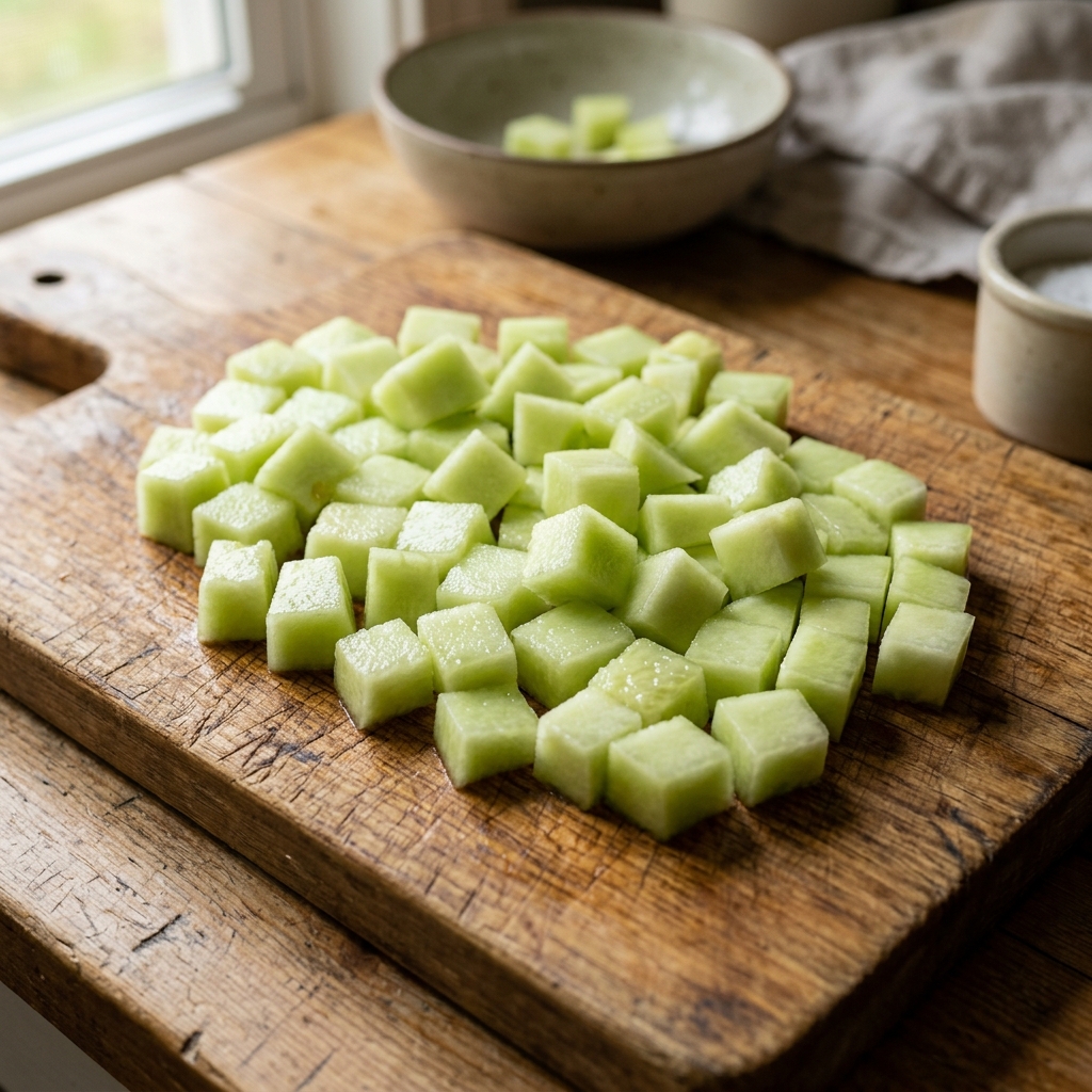 Slicing fresh green honeydew melon and removing seeds and skin on a wooden board