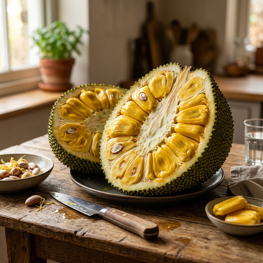 Premium high-resolution photograph of a freshly sliced ripe golden jackfruit showing rich yellow segments inside on a rustic table