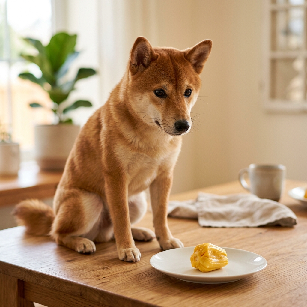 A cute shiba inu dog sitting and looking curiously at a small piece of ripe golden jackfruit on a white plate