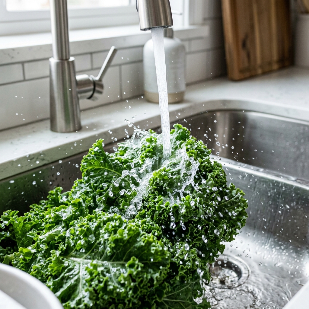 Preparing fresh kale leaves by chopping and boiling for a safe dog treat