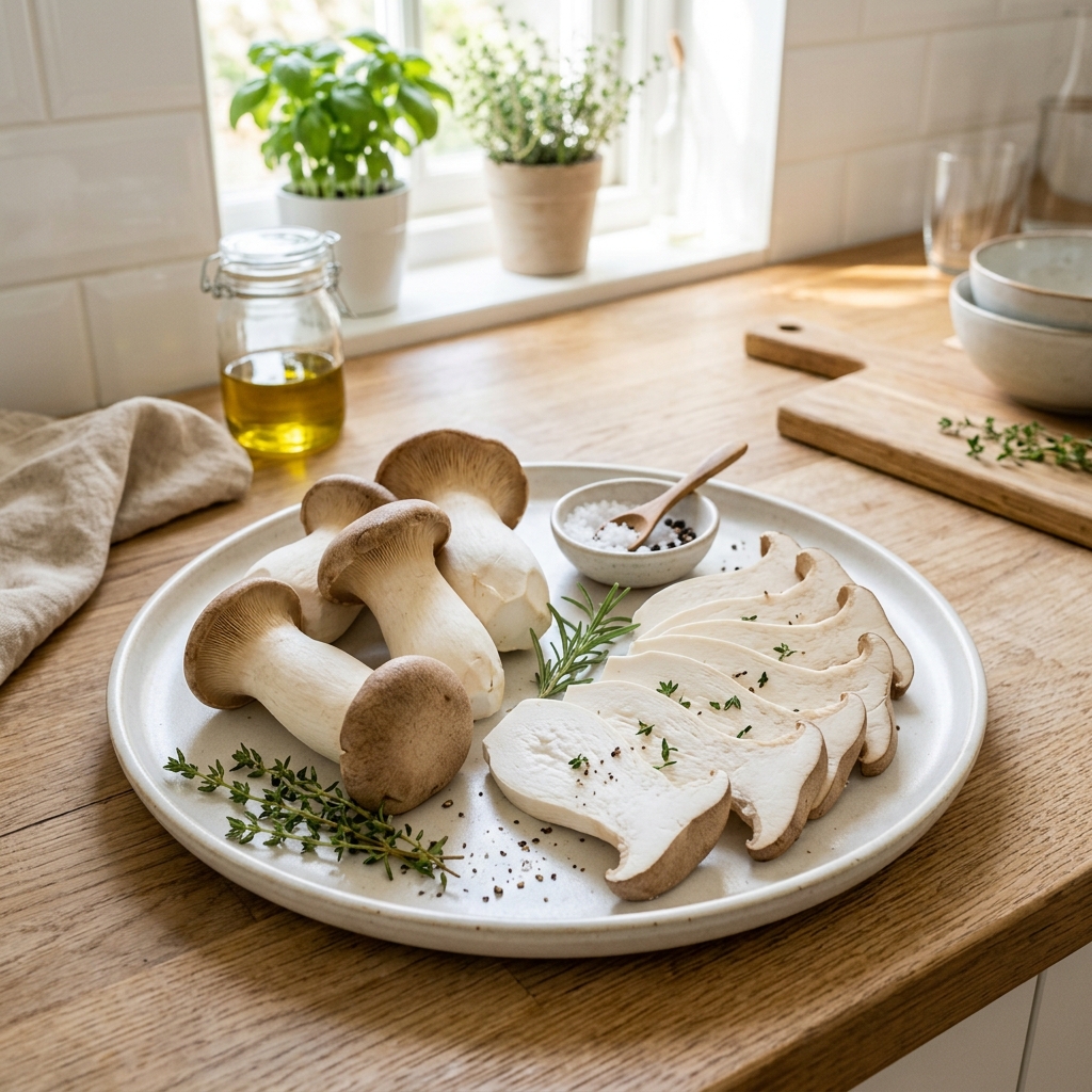 Fresh raw king oyster mushrooms sliced and whole arranged on a modern white plate