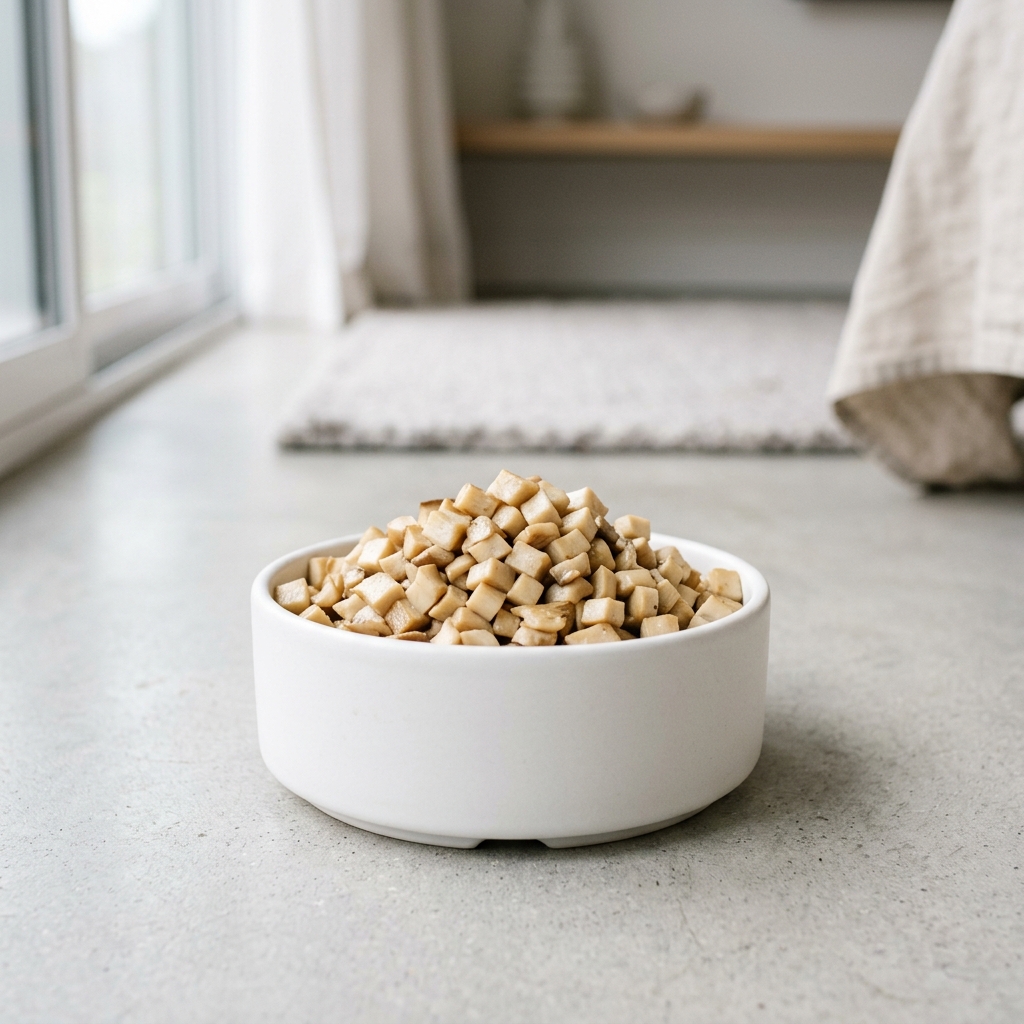 Cooked king oyster mushrooms diced into tiny small cubes in a pet food bowl