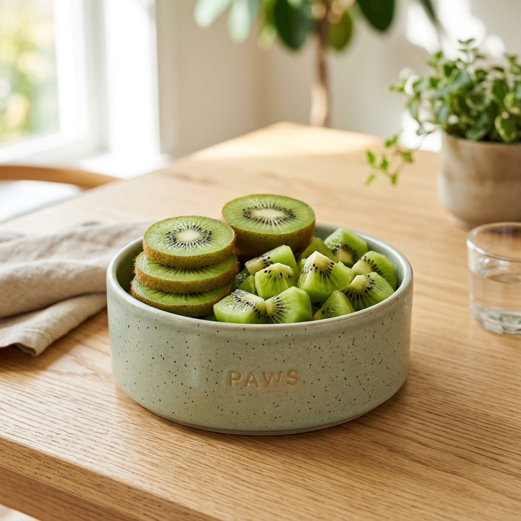 Fresh sliced kiwi fruit prepared in a clean dog bowl