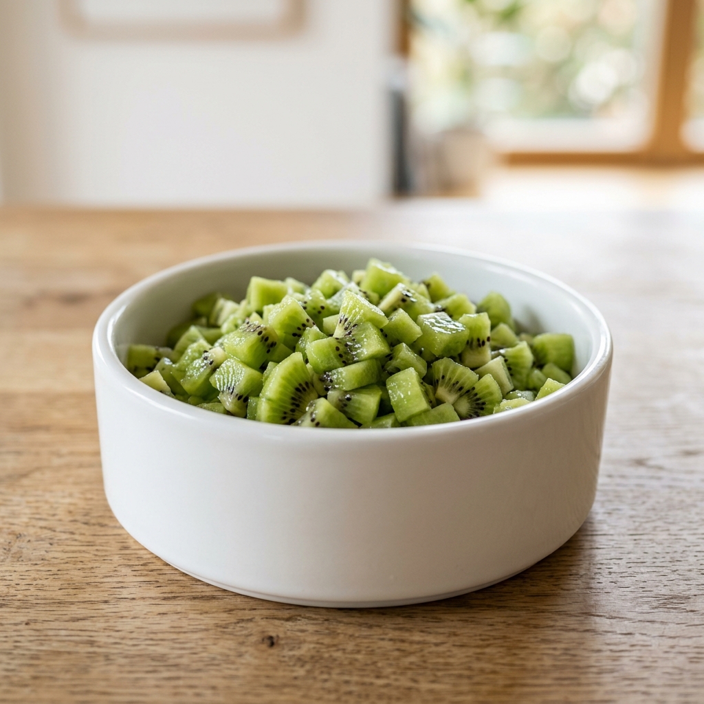 Sliced kiwi chunks inside a white dog bowl