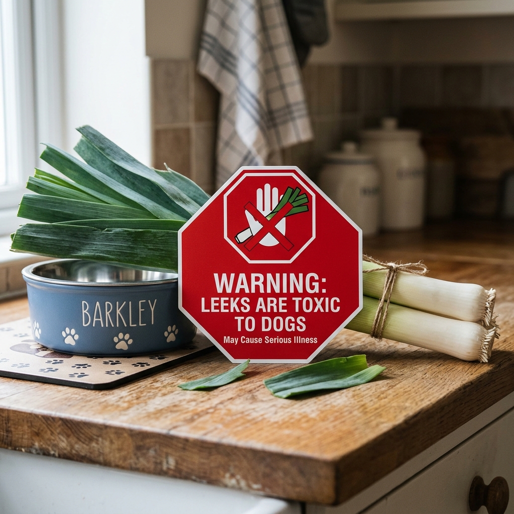 Leeks with a red warning cross sign next to a dog bowl