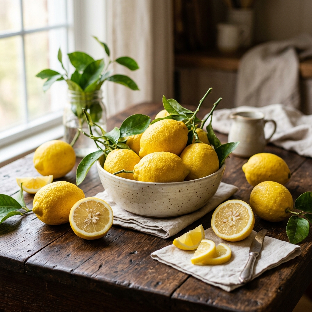 Fresh lemons on a rustic wooden table, food photography