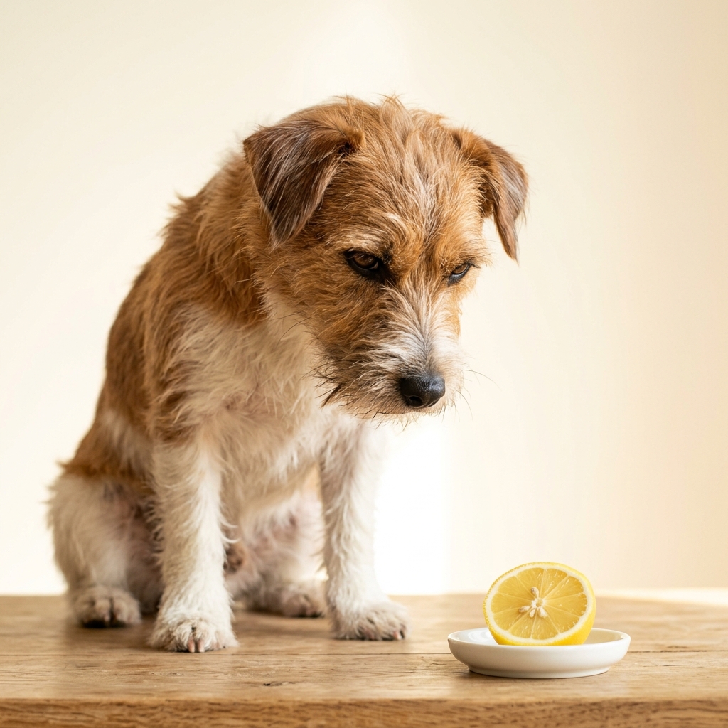 Dog smelling fresh lemons sliced on a plate