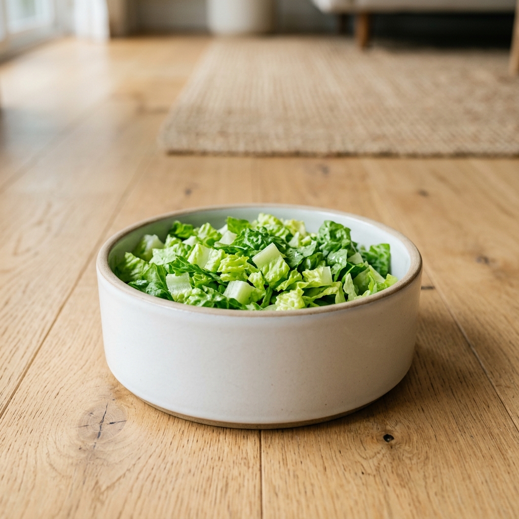 Beautiful fresh green Romaine lettuce artfully arranged in a modern pet food bowl
