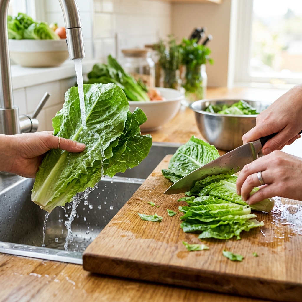 Washing and cutting fresh Romaine lettuce leaves on a wooden chopping board