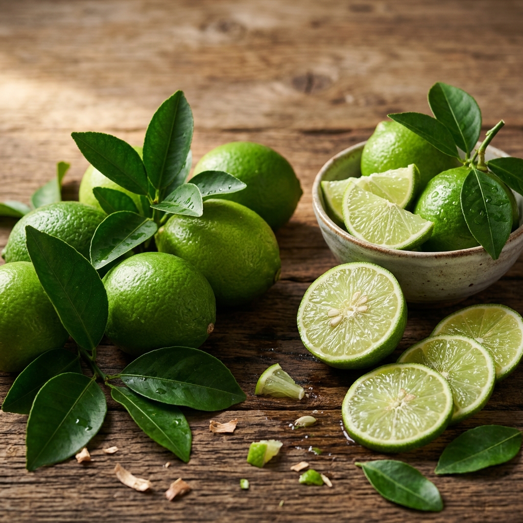 Fresh green limes on a table, studio food photography