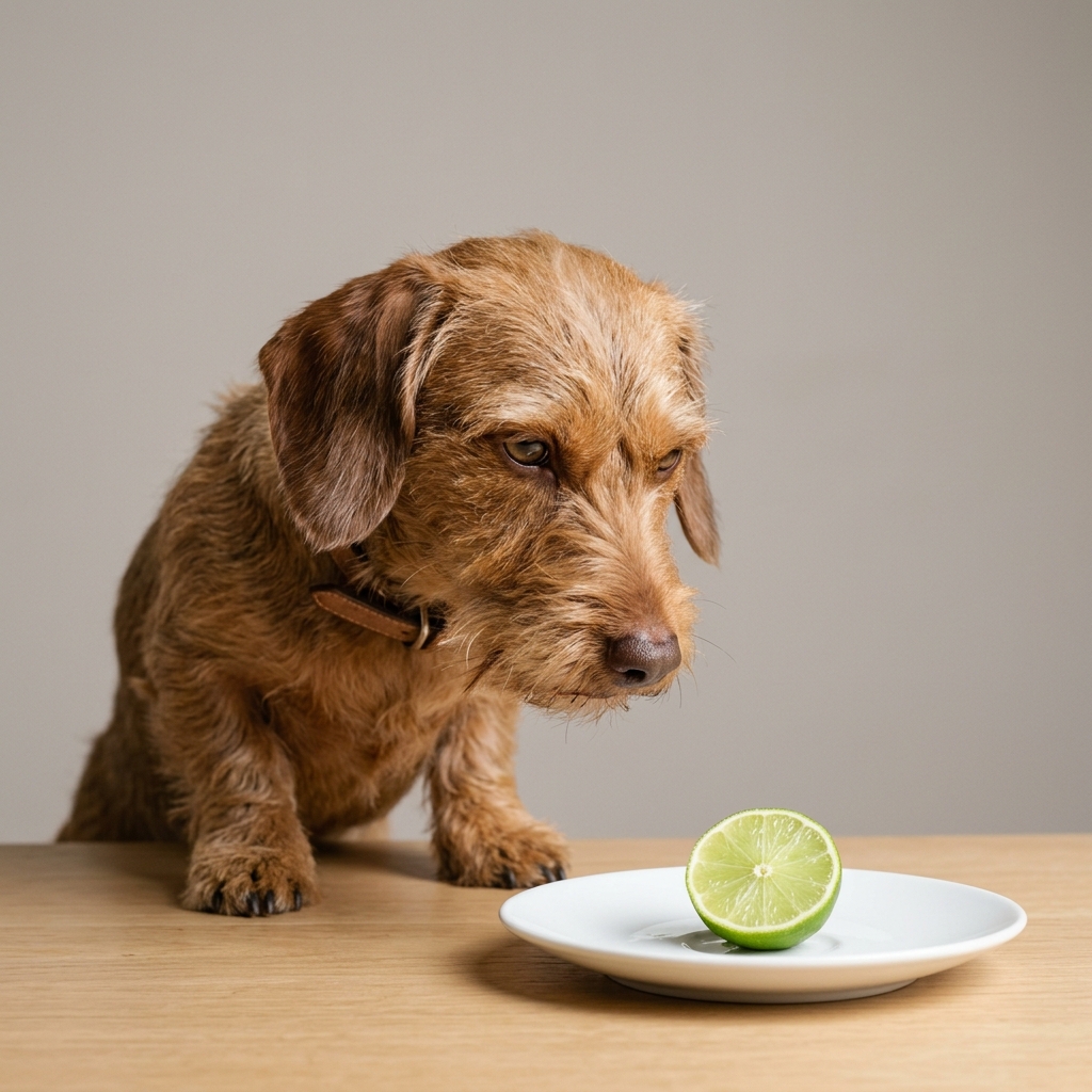 Dog smelling green fresh lime slices on a board