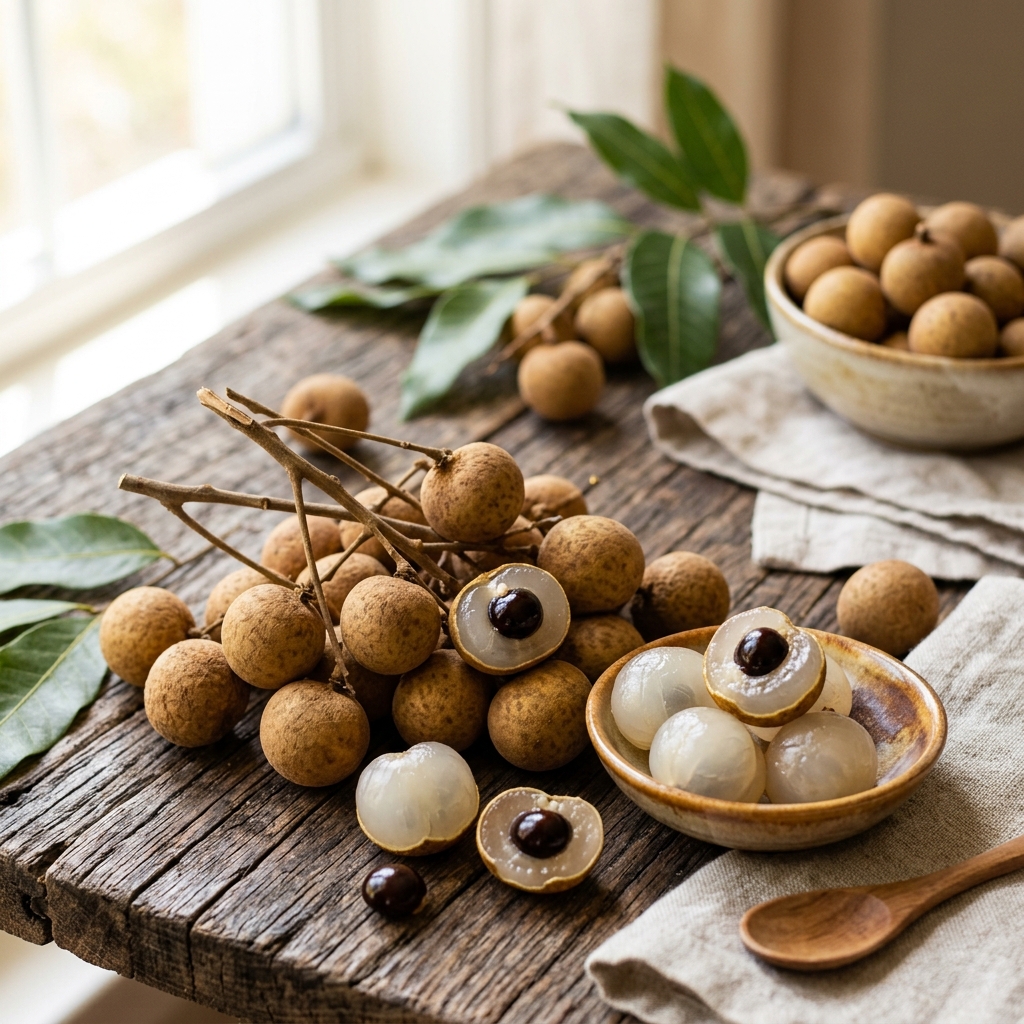 Fresh peeled longans showing translucent white flesh on a table