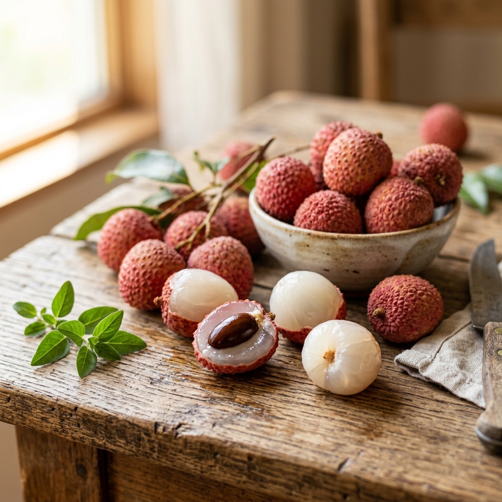 Fresh peeled lychees showing juicy white flesh on a wooden table