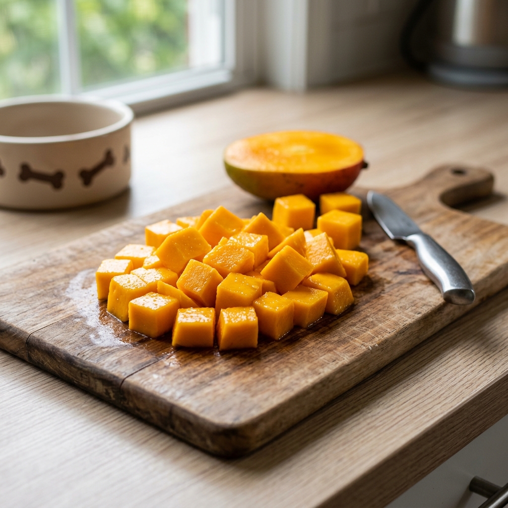 Slicing a fresh clean mango and cutting it into small safe bite-sized cubes for dogs