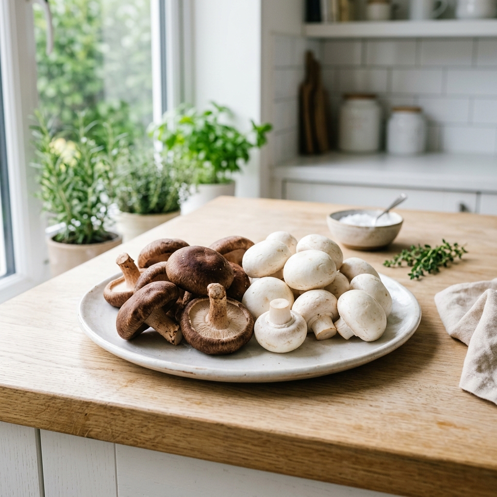 Fresh raw shiitake mushrooms and white button mushrooms arranged on a minimalist white plate
