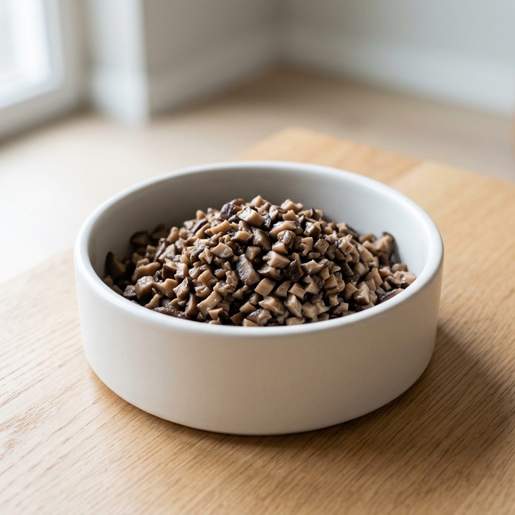 Cooked chopped shiitake mushrooms in a pet food bowl