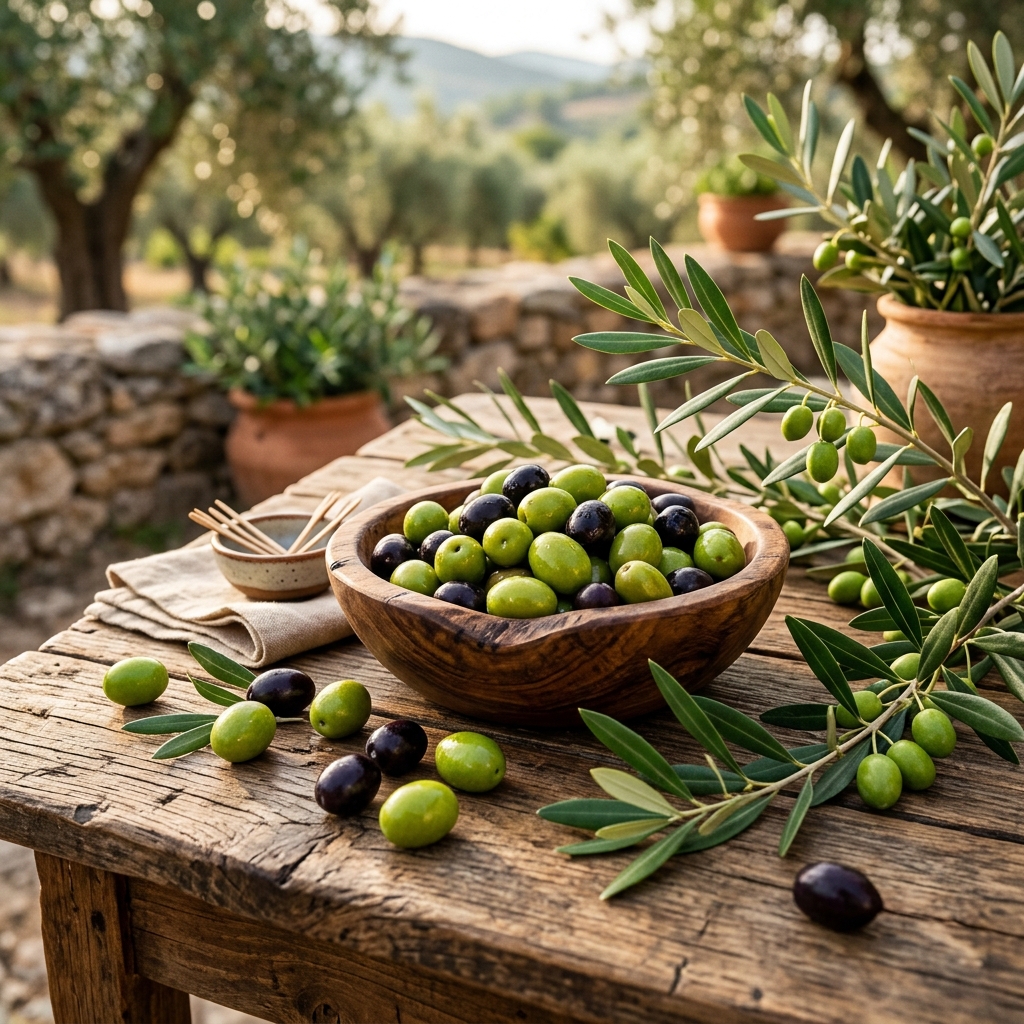 Premium high-resolution photograph of fresh green and black olives scattered near a wooden bowl on a rustic wooden table under Med sun