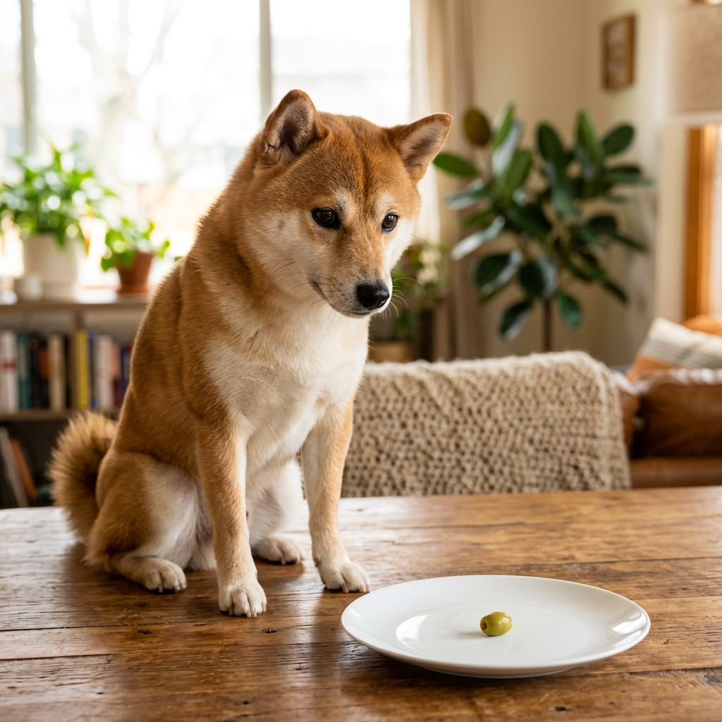 A cute shiba inu dog sitting politely and looking at a single small piece of unsalted pitted green olive on a white plate