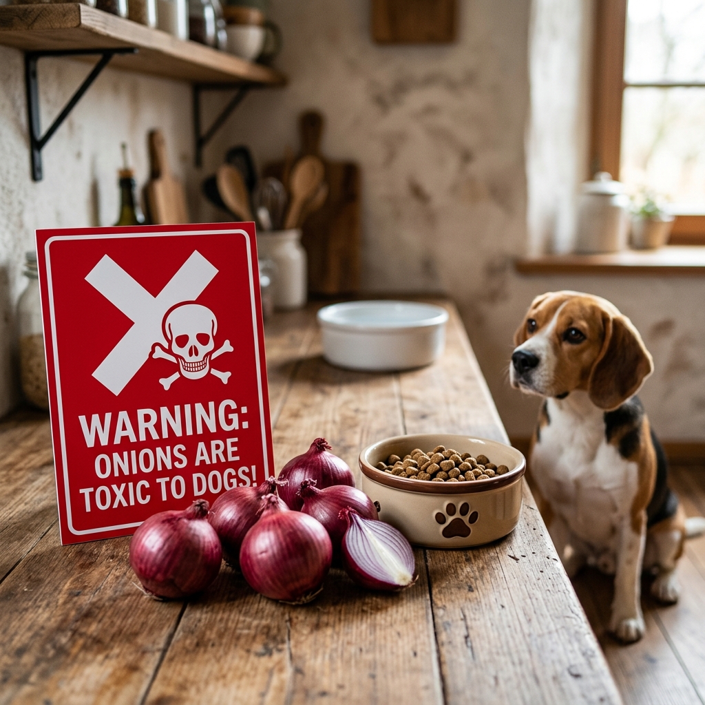 Onions with a red warning cross sign next to a dog bowl