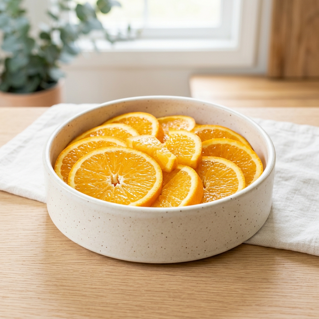 Artfully arranged fresh organic orange slices inside a modern pet food bowl