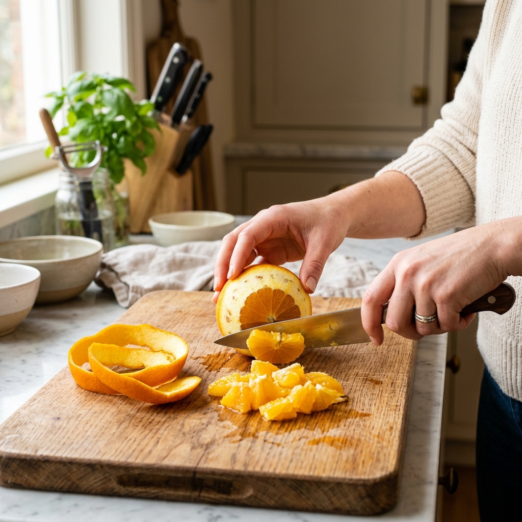 Fresh orange peeling and slicing on wooden cutting board