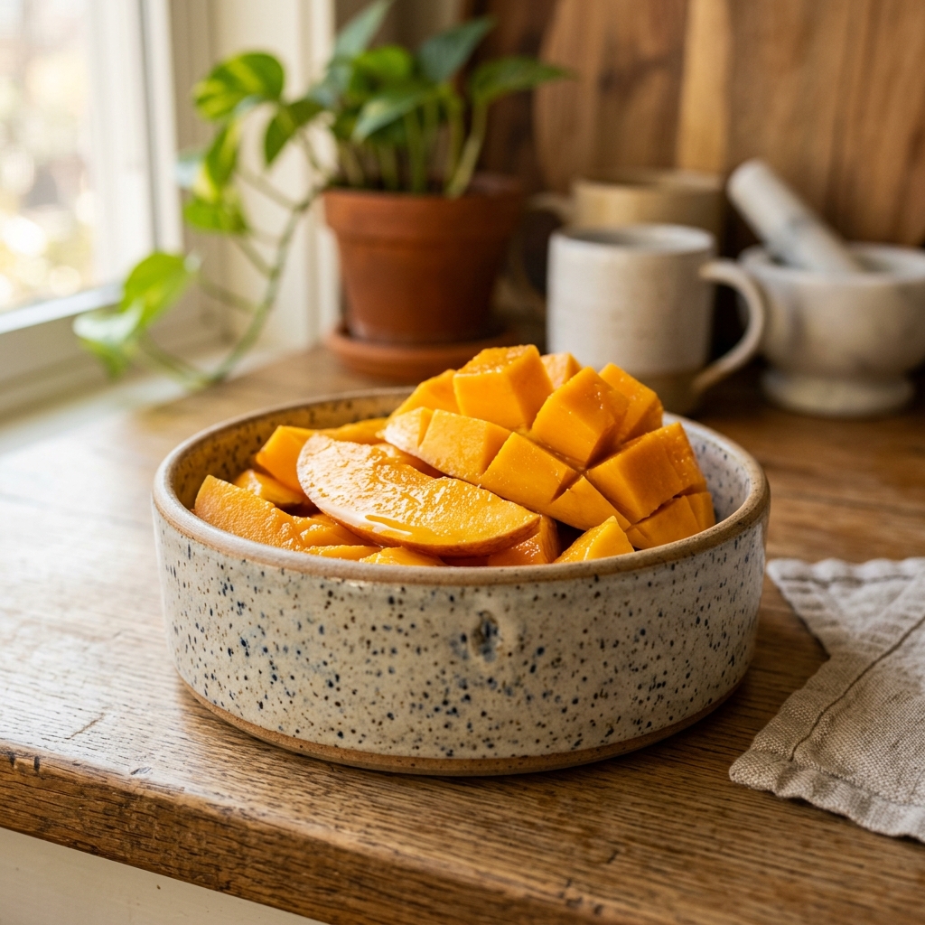 Fresh organic papaya cut in half and seedless, artfully arranged on a pet bowl with warm lighting