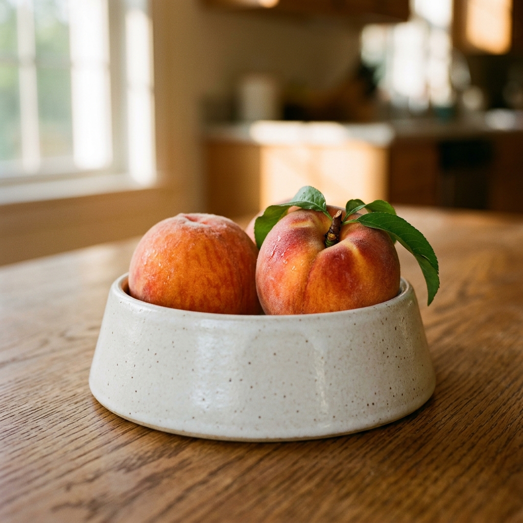 Fresh sweet peaches artfully arranged in a beautiful modern ceramic pet food bowl with warm soft lighting