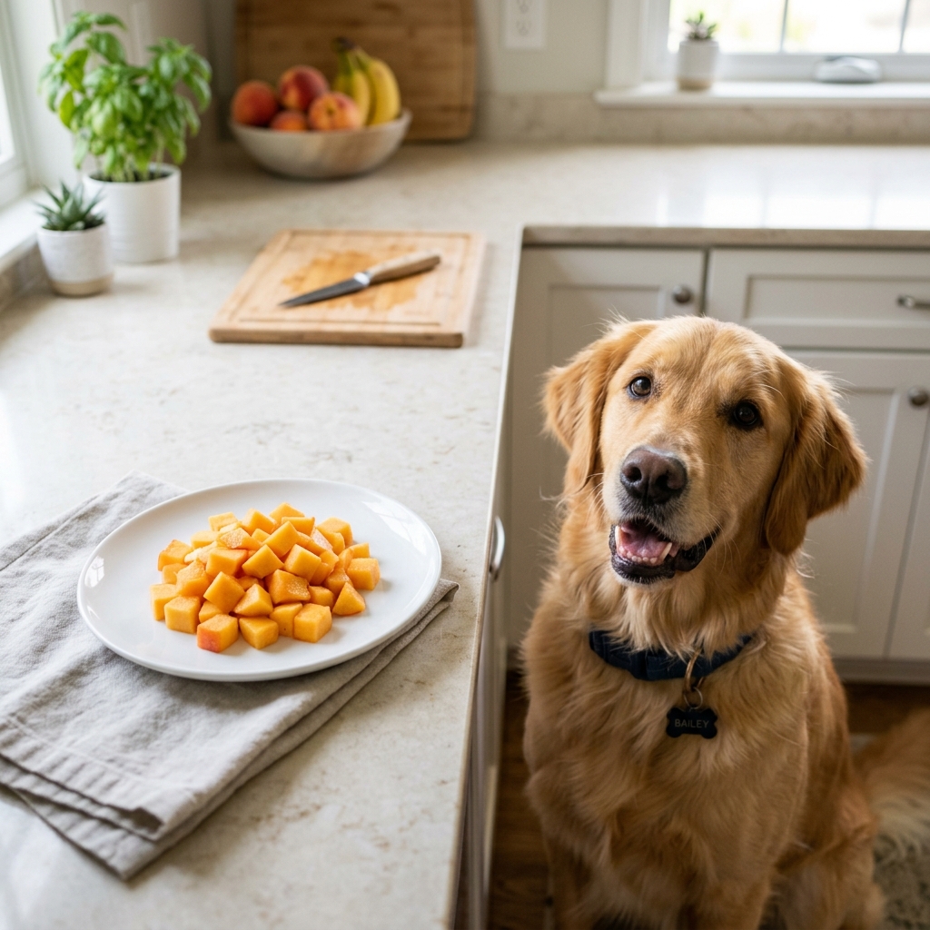 Slicing a fresh sweet peach and cutting it into small safe bite-sized cubes for dogs on a plate