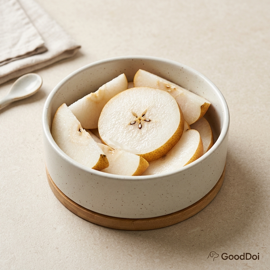Fresh sweet Asian pear slices artfully arranged in a modern pet food bowl