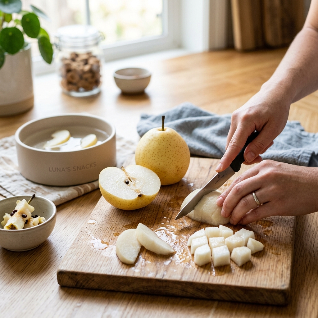 Slicing fresh asian pear fruit on a cutting board, removing seeds and core
