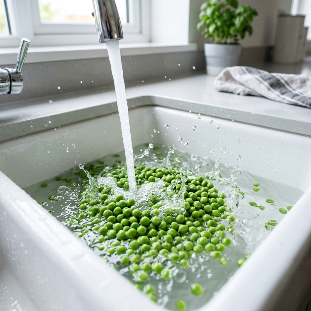Washing fresh green peas in water in a white sink without hands