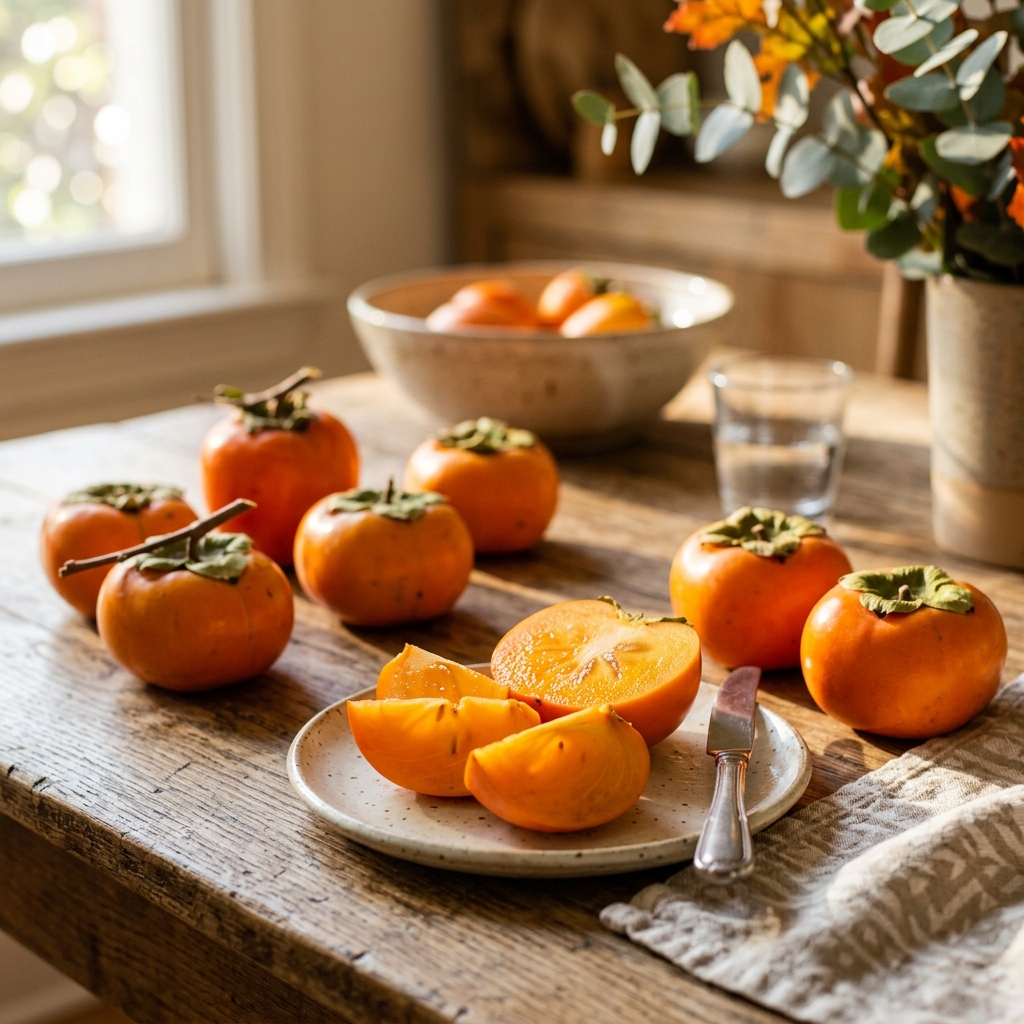 Fresh orange persimmons sliced on a table