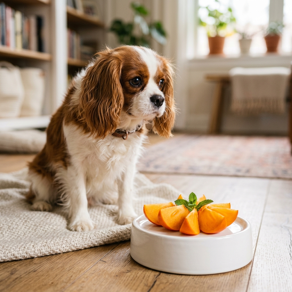 Dog looking at sliced orange persimmon on a plate